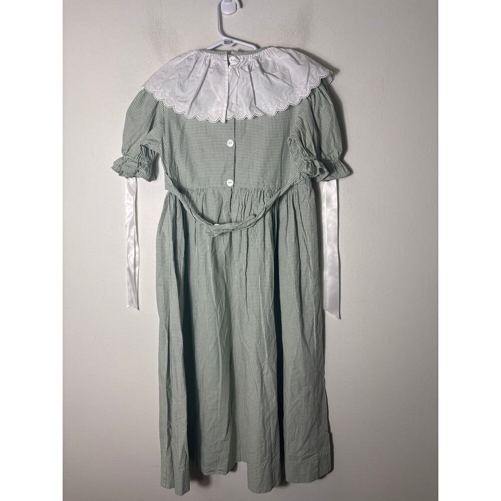 Girls Vintage Green Check Puff SLeeve Dress with White bibb collar Sz 7 - Picture 3 of 3